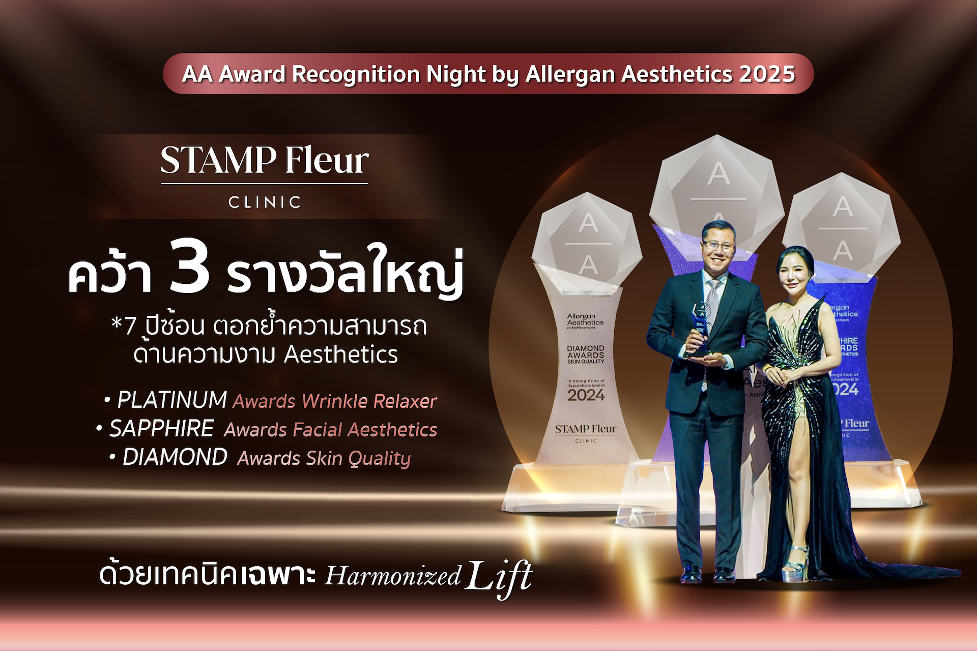 StampFleurClinic คว้า3รางวัลปี2024 ตอกย้ำความสามารถด้านความงาม Aesthetic  ที่งาน AA Award Recognition Night by Allergan Aesthetics 2025